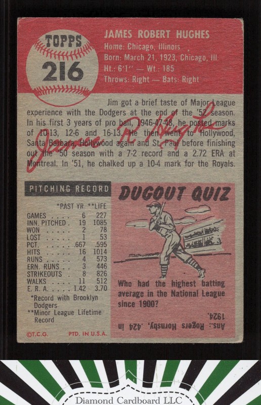 1953 Topps #216 Jim Hughes PR a, back