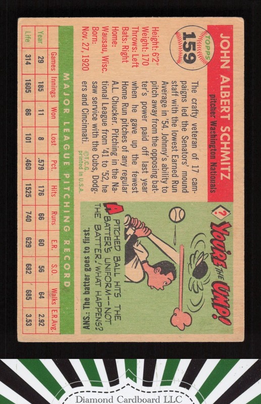 1955 Topps #159 Johnny Schmitz VG+ g, back