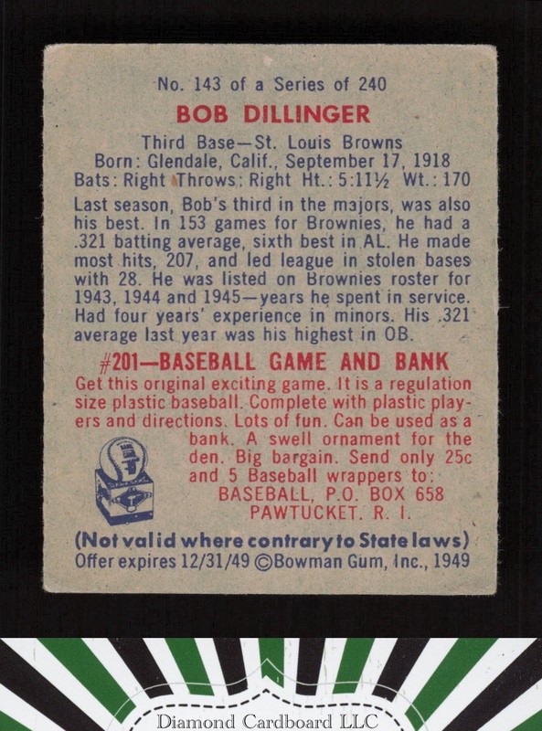1949 Bowman #143 Bob Dillinger Print Name On Back VG a, back
