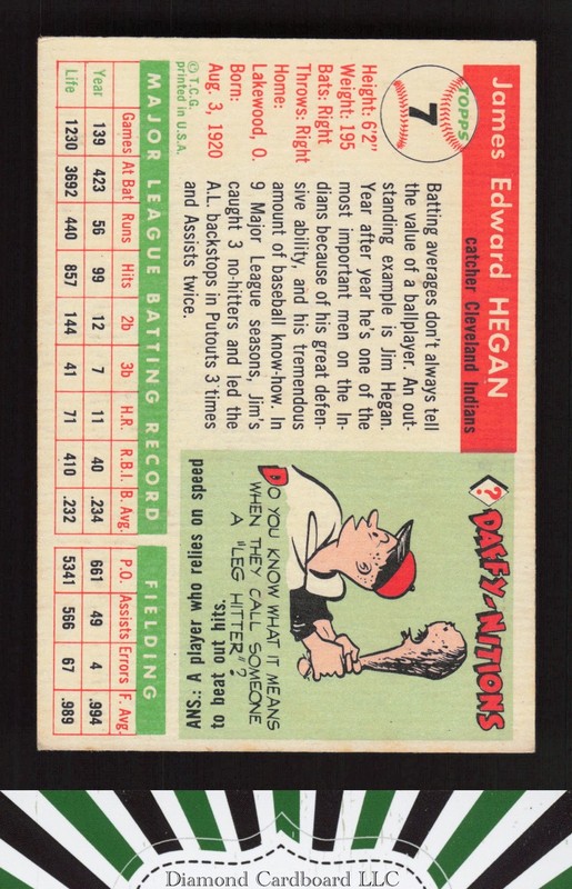 1955 Topps #7 Jim Hegan EX o, back