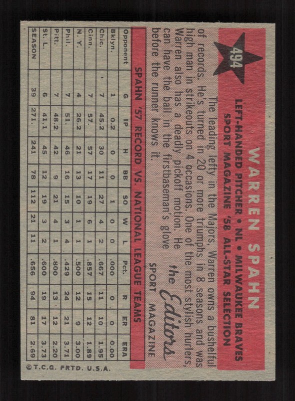 1958 Topps #494 Warren Spahn VGEX+ c, back