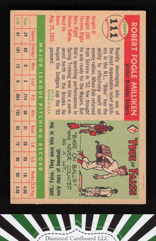1955 Topps #111 Bob Milliken VGEX a, back