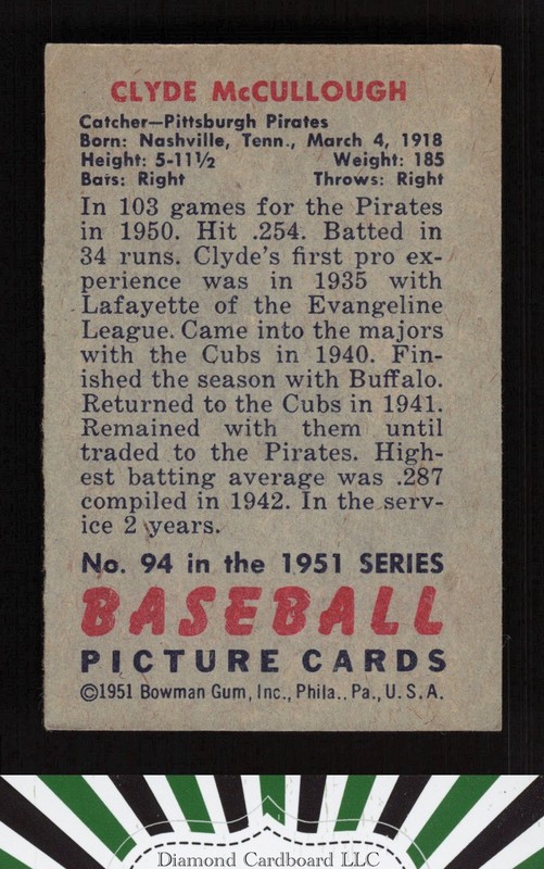 1951 Bowman #94 Clyde McCullough EX+, back