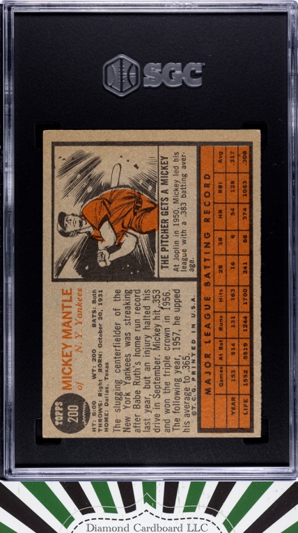 1962 Topps #200 Mickey Mantle SGC 4, back