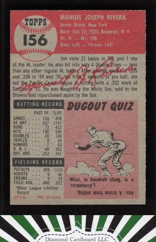1953 Topps #156 Jim Rivera : Bio uses white text VGEX+ c, back