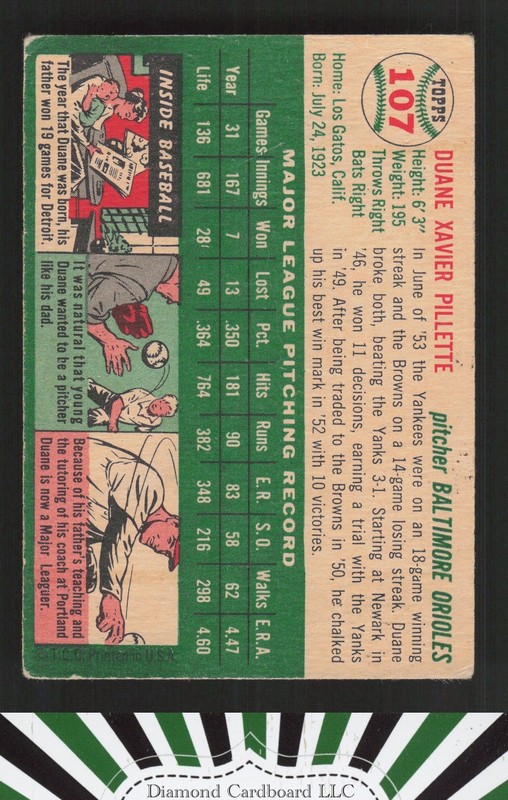 1954 Topps #107 Duane Pillette VG e, back