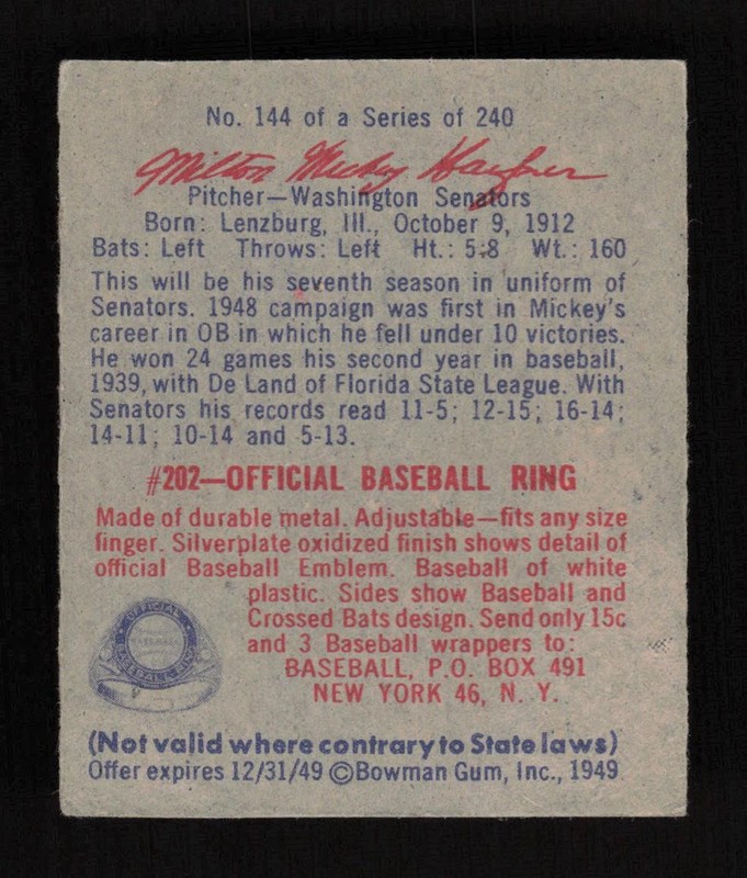 1949 Bowman #144 Milton "Mickey" Haefner VGEX, back