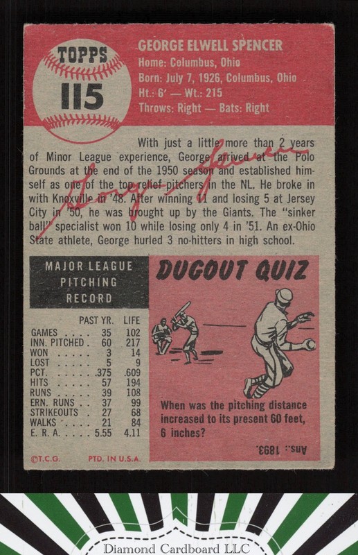 1953 Topps #115 George Spencer : Bio uses white text VG+ e, back