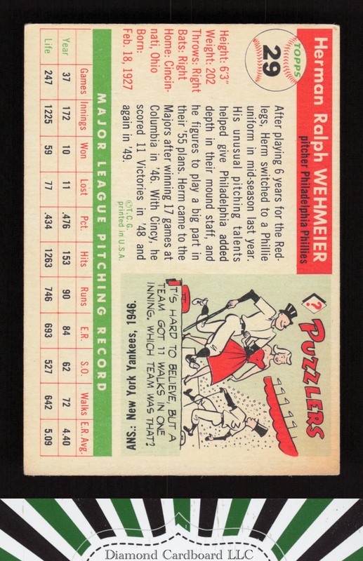 1955 Topps #29 Herman Wehmeier VGEX o, back