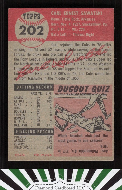 1953 Topps #202 Carl Sawatski VGEX+ [GOOD EYE APPEAL] g, back