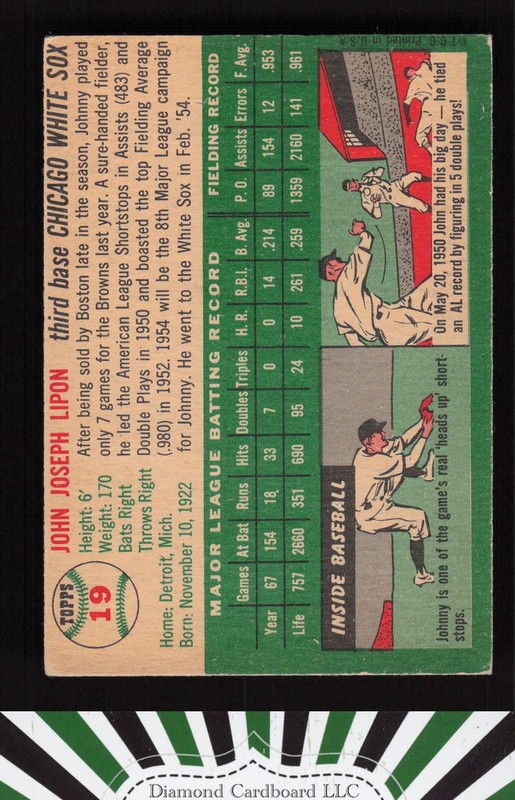 1954 Topps #19 Johnny Lipon VGEX g, back