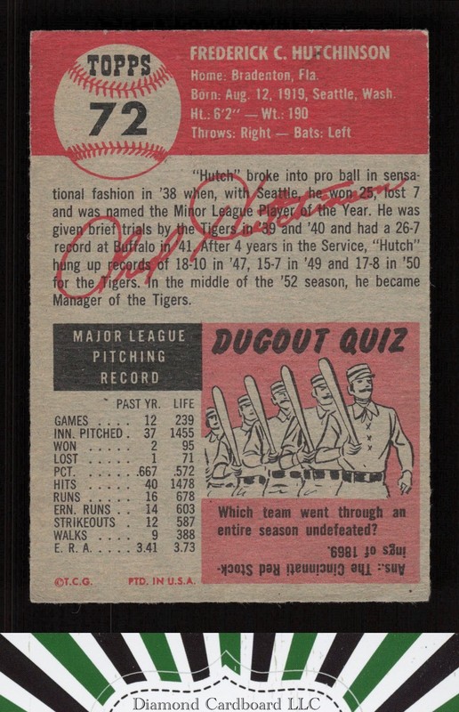 1953 Topps #72 Fred Hutchinson VGEX (ST) b, back