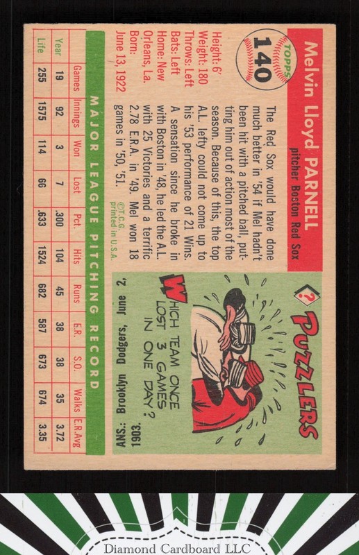 1955 Topps #140 Mel Parnell VGEX f, back