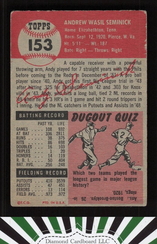 1953 Topps #153 Andy Seminick : Bio uses white text VG c, back