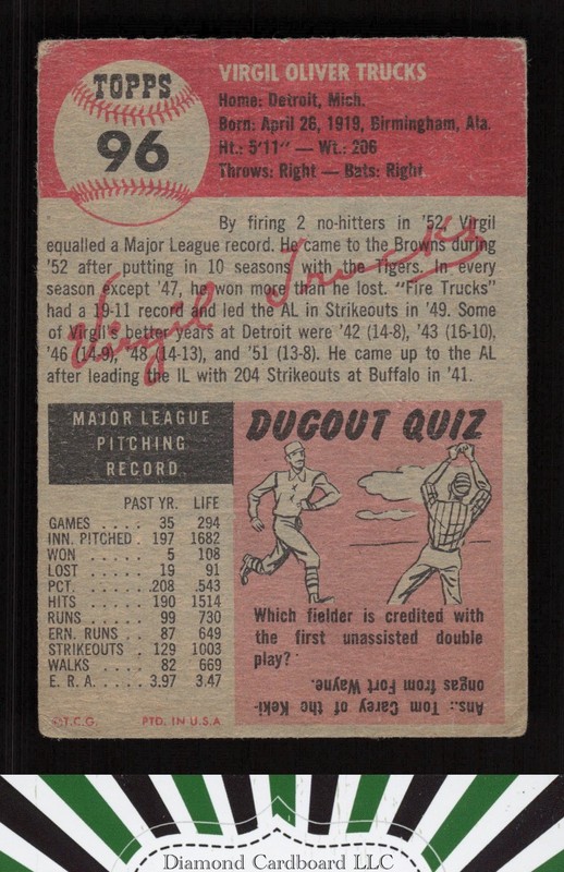 1953 Topps #96 Virgil Trucks : Bio uses black text GD a, back