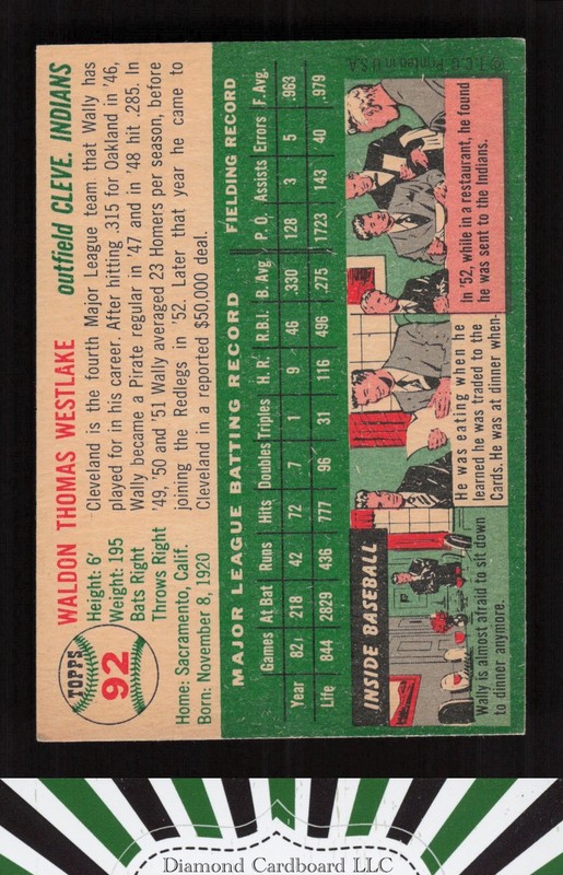 1954 Topps #92 Wally Westlake EX d, back