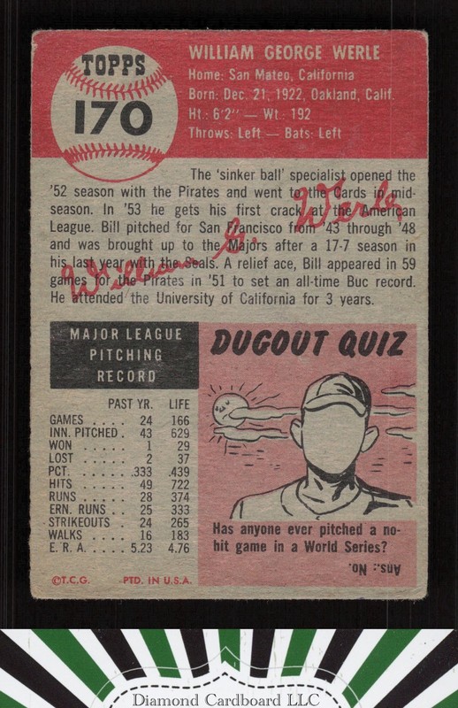 1953 Topps #170 Bill Werle FR a, back