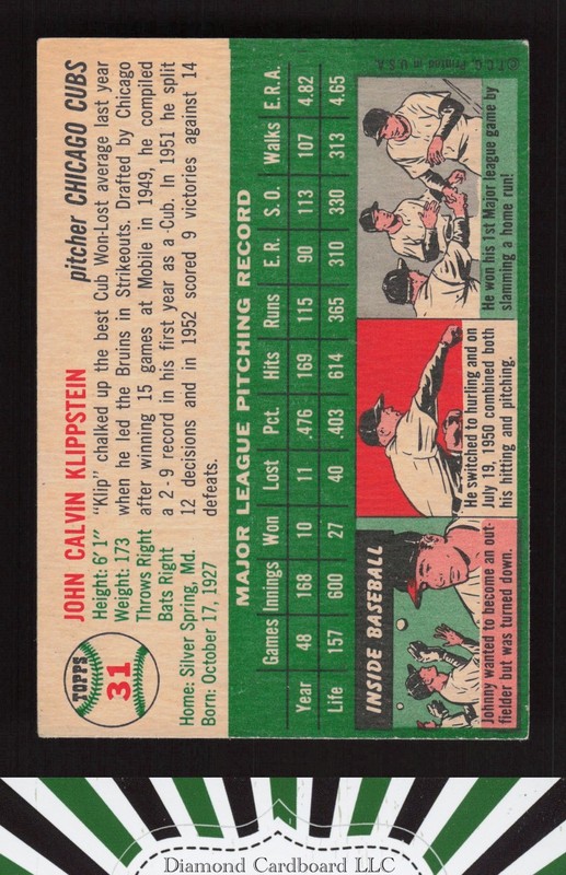 1954 Topps #31 Johnny Klippstein VGEX+ k, back