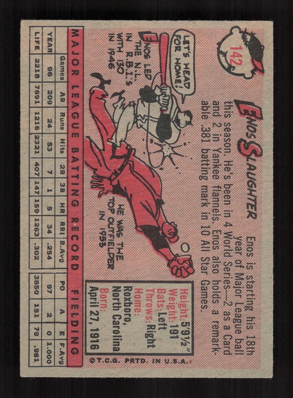 1958 Topps #142 Enos Slaughter EX h, back