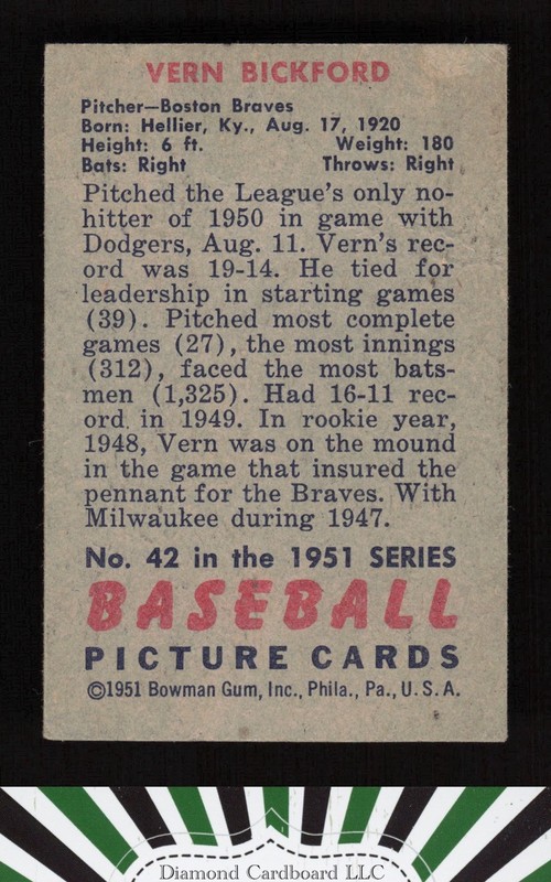 1951 Bowman #42 Vern Bickford GD+, back