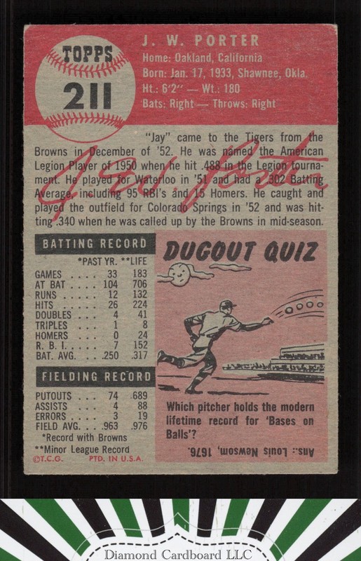 1953 Topps #211 J.W. Porter VGEX b, back