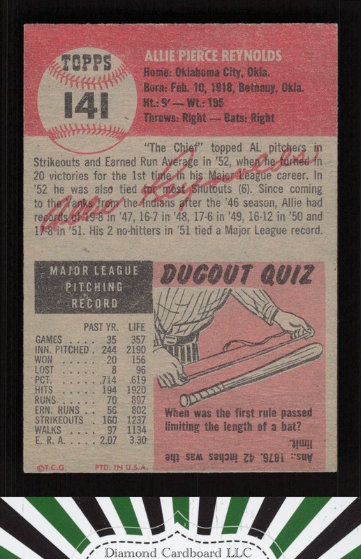 1953 Topps #141 Allie Reynolds : Bio uses black text EX f, back