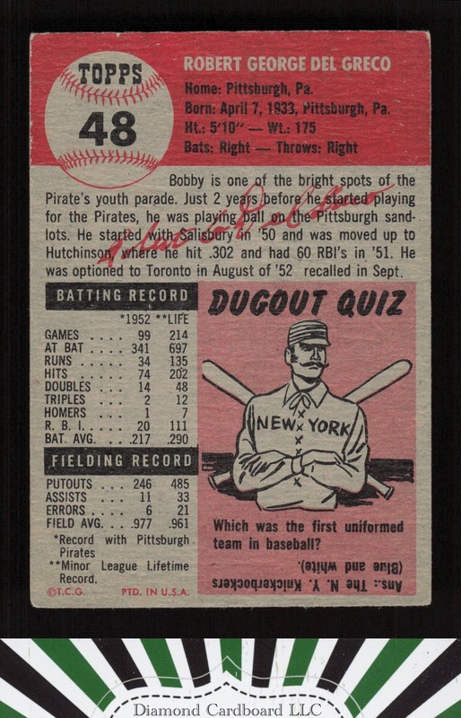 1953 Topps #48 Bob Del Greco VG+ d, back