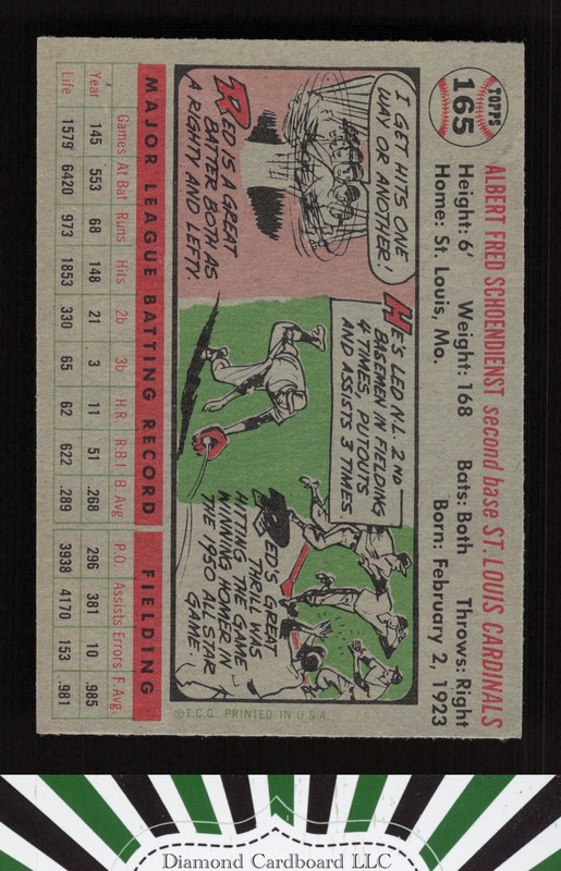 1956 Topps #165 Red Schoendienst VGEX+ w, back