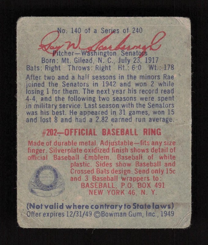 1949 Bowman #140 Rae Scarborough GD, back