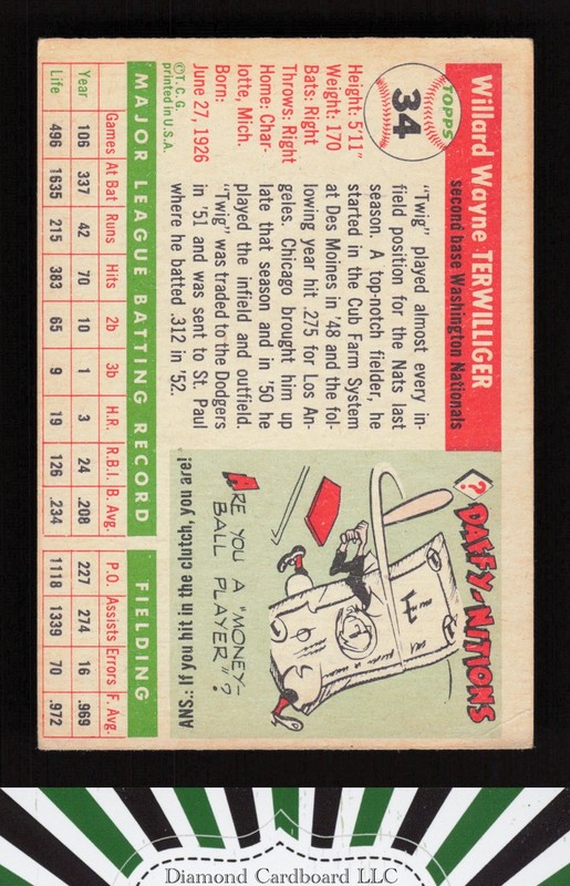 1955 Topps #34 Wayne Terwilliger VG m, back