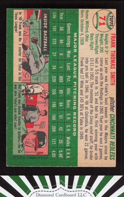 1954 Topps #71 Frank Smith VGEX m, back