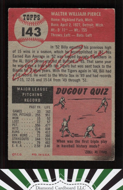 1953 Topps #143 Billy Pierce : Bio uses white text VG (ST) c, back