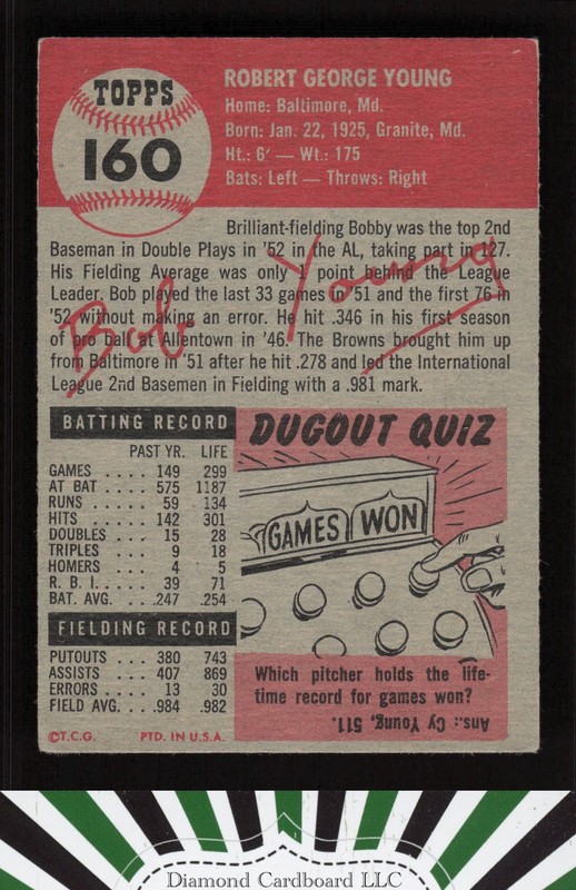 1953 Topps #160 Bobby Young : Bio uses white text VG e, back