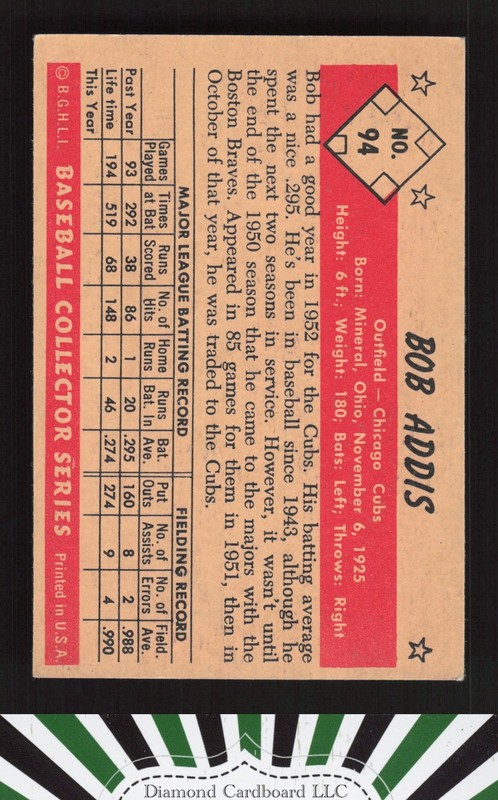1953 Bowman Color #94 Bob Addis VGEX c, back