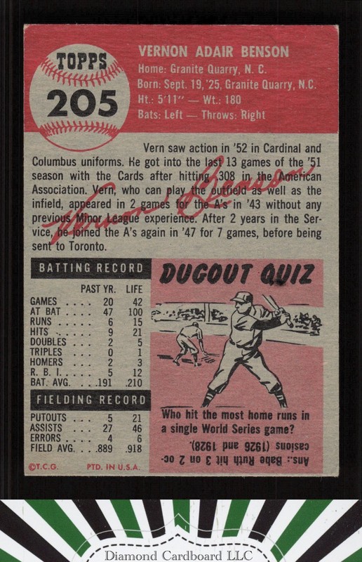 1953 Topps #205 Vern Benson VGEX g, back