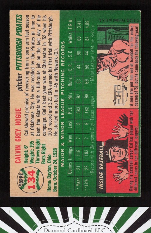 1954 Topps #134 Cal Hogue EX e, back