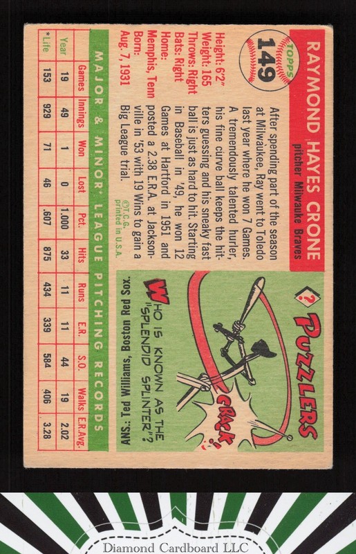 1955 Topps #149 Ray Crone VG a, back