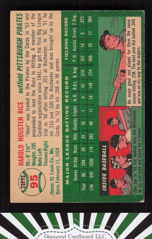 1954 Topps #95 Hal Rice VGEX g, back