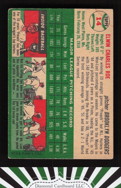 1954 Topps #14 Preacher Roe VG h, back
