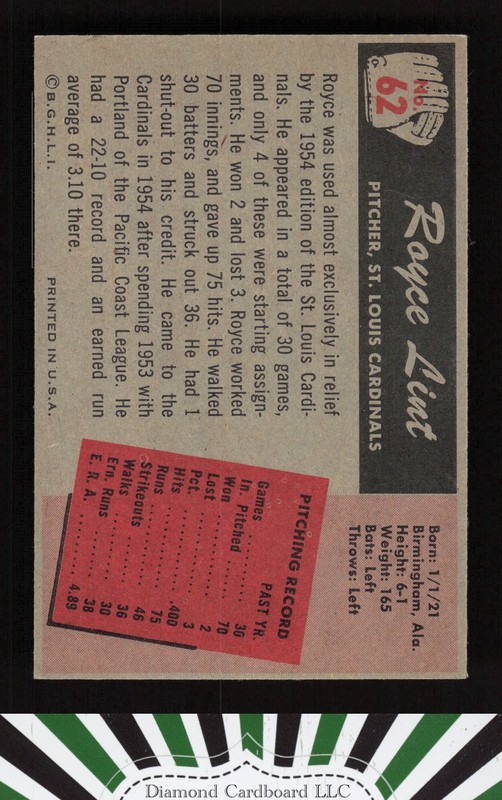 1955 Bowman #62 Royce Lint EX+, back