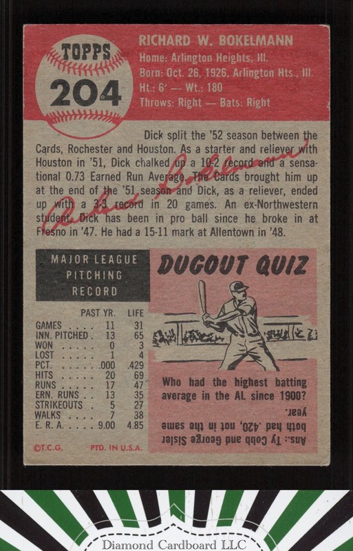 1953 Topps #204 Dick Bokelmann EX d, back