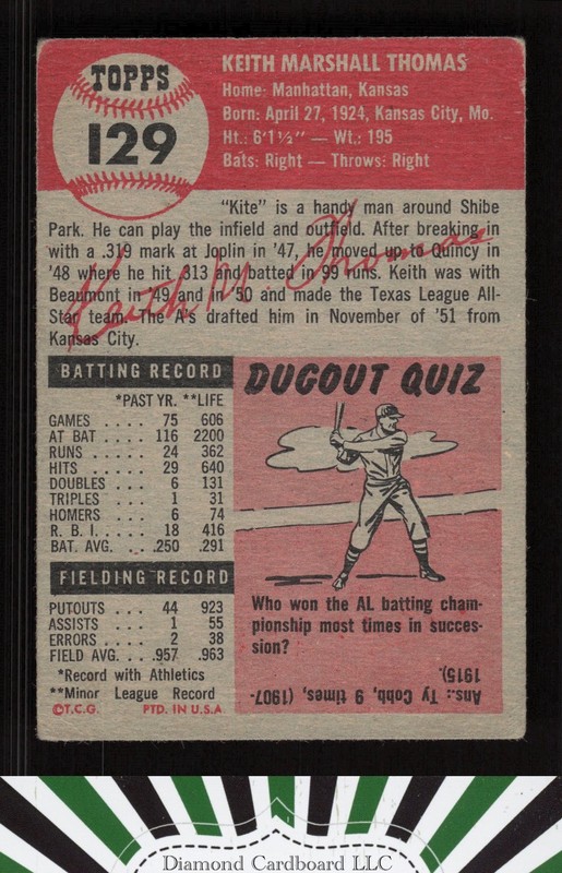 1953 Topps #129 Keith Thomas : Bio uses white text FR e, back