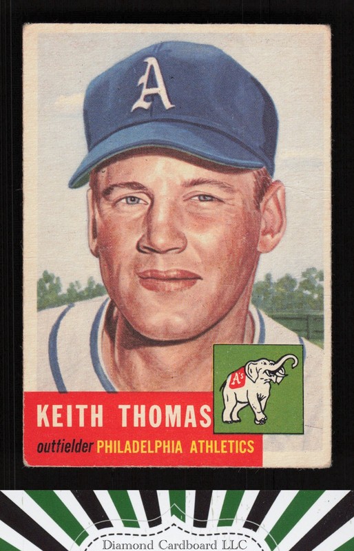 1953 Topps #129 Keith Thomas : Bio uses white text FR e, front