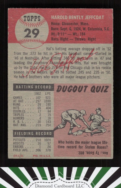 1953 Topps #29 Hal Jeffcoat VGEX f, back