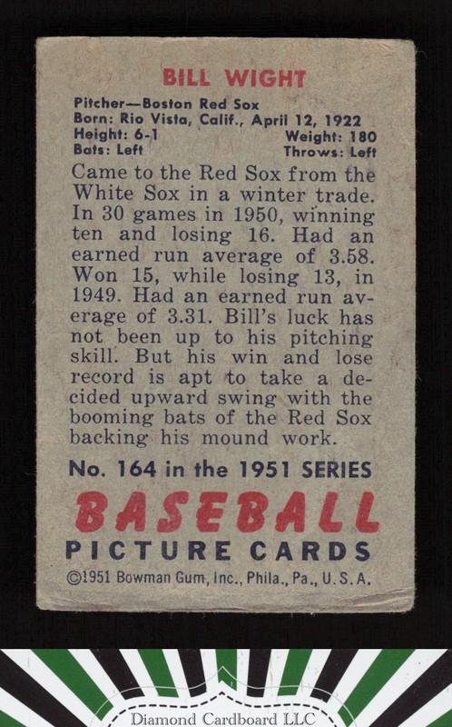 1951 Bowman #164 Bill Wight GD, back