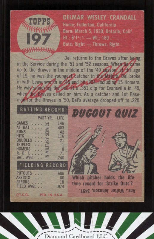 1953 Topps #197 Del Crandall VGEX f, back