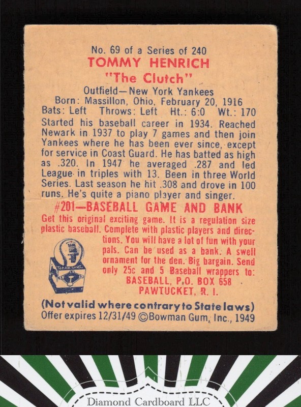 1949 Bowman #69 Tommy Henrich VG+ b, back