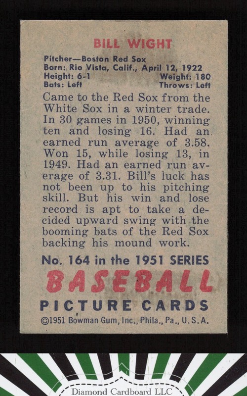 1951 Bowman #164 Bill Wight VGEX+, back