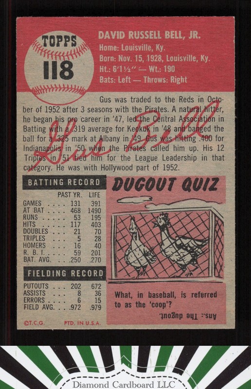 1953 Topps #118 Gus Bell : Bio uses white text EX i, back