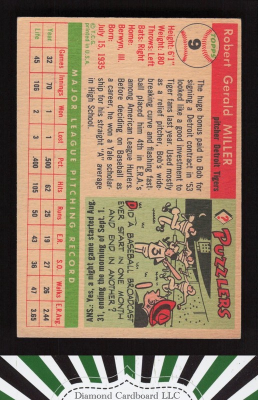 1955 Topps #9 Bob Miller VGEX+ f, back